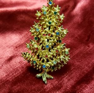 Vintage Art Signed Goldtone Christmas Tree With Multicolor Rhinestones-Bookpiece